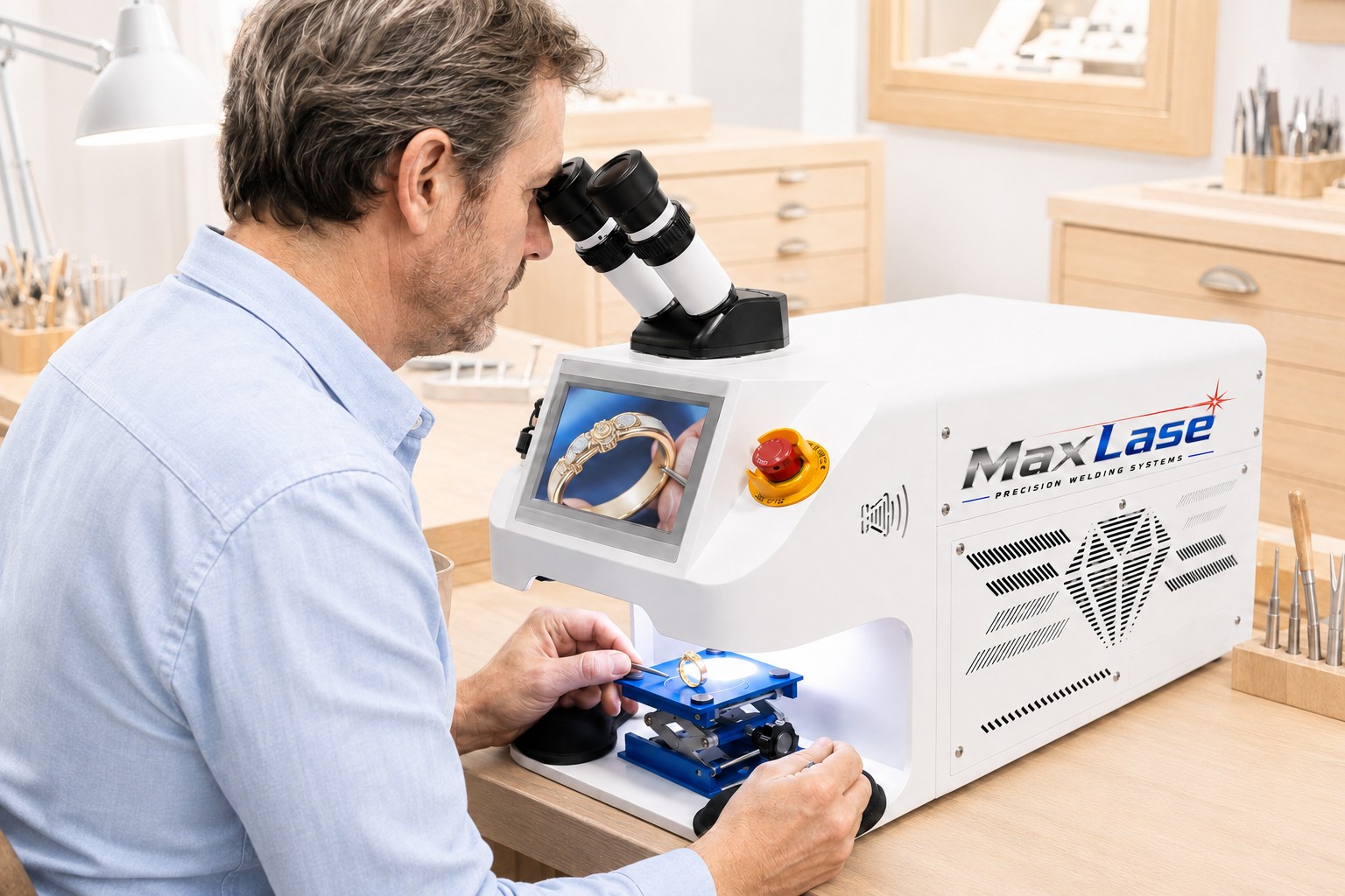 Jeweler using a compact MaxLase benchtop laser welder at his workbench