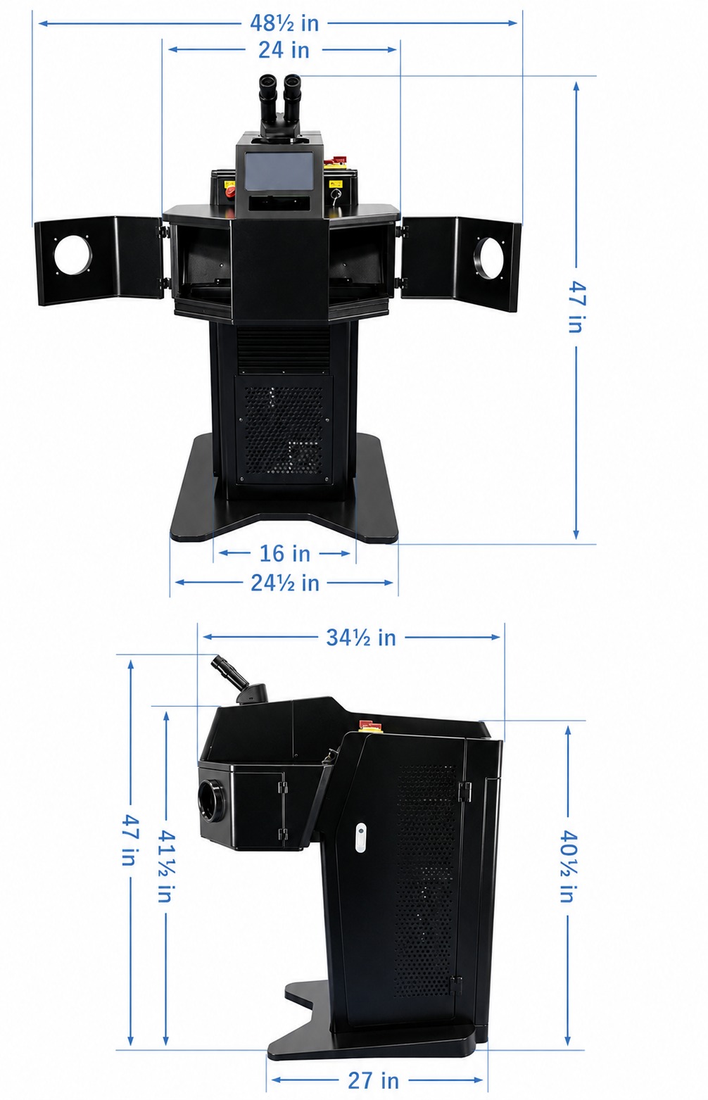MaxLase 200P closed configuration in dark grey, with dimensions