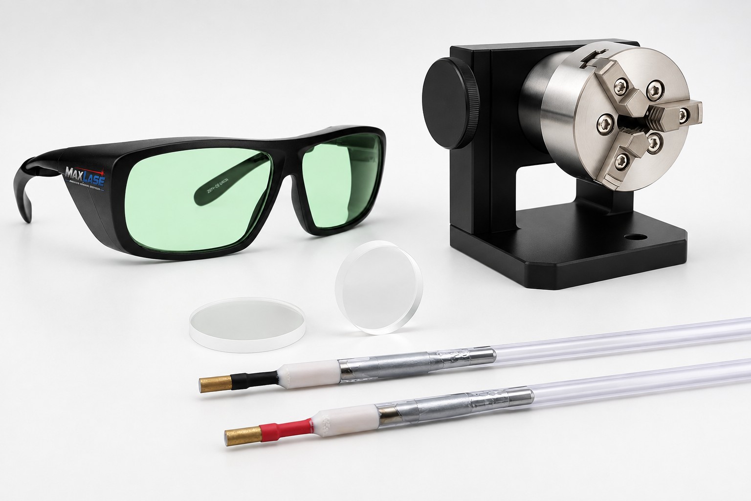 MaxLase production accessory bundle: rotary, flash lamps, cover glass, and safety glasses
